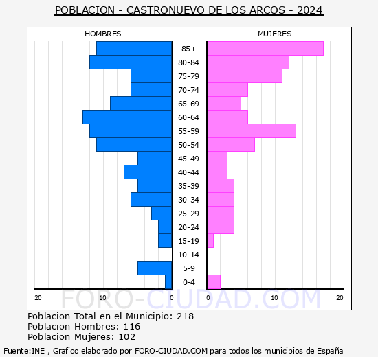 Castronuevo - Pirmide de poblacin grupos quinquenales - Censo 2024