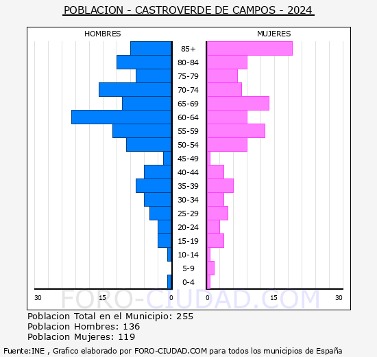 Castroverde de Campos - Pirmide de poblacin grupos quinquenales - Censo 2024