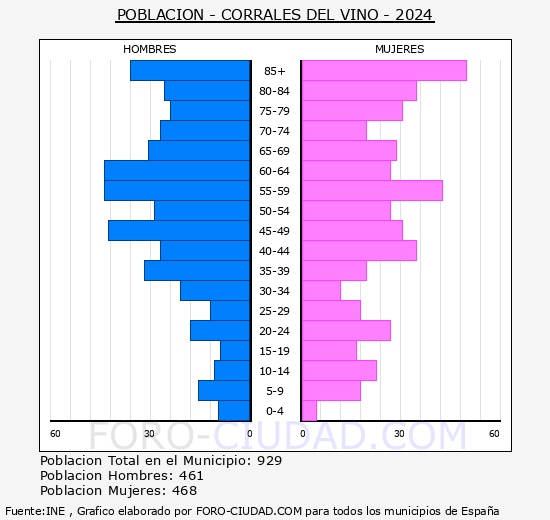 Corrales del Vino - Pir�mide de poblaci�n grupos quinquenales - Censo 2024