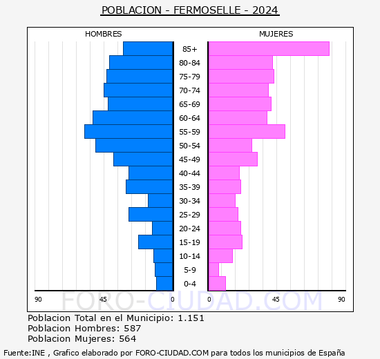 Fermoselle - Pirmide de poblacin grupos quinquenales - Censo 2024