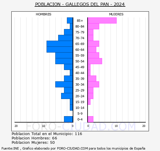 Gallegos del Pan - Pirmide de poblacin grupos quinquenales - Censo 2024
