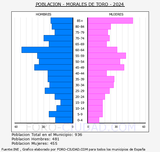 Morales de Toro - Pirmide de poblacin grupos quinquenales - Censo 2024
