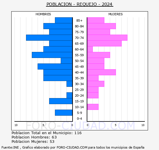 Requejo - Pirmide de poblacin grupos quinquenales - Censo 2024