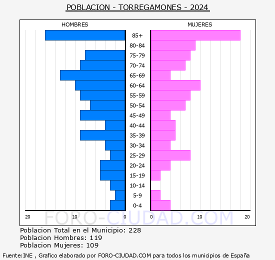 Torregamones - Pirmide de poblacin grupos quinquenales - Censo 2024