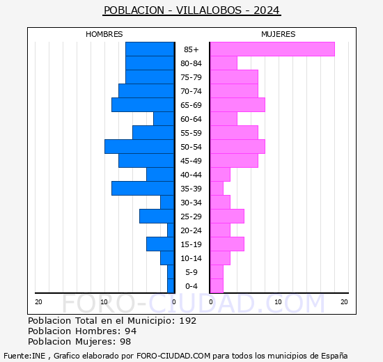 Villalobos - Pirmide de poblacin grupos quinquenales - Censo 2024