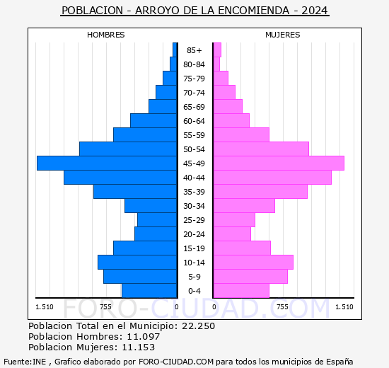 Arroyo de la Encomienda - Pir�mide de poblaci�n grupos quinquenales - Censo 2024