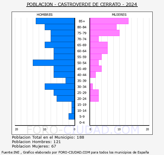 Castroverde de Cerrato - Pirmide de poblacin grupos quinquenales - Censo 2024