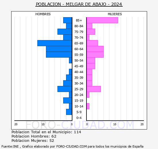 Melgar de Abajo - Pirmide de poblacin grupos quinquenales - Censo 2024