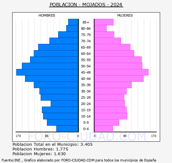 Mojados - Pir�mide de poblaci�n grupos quinquenales - Censo 2024