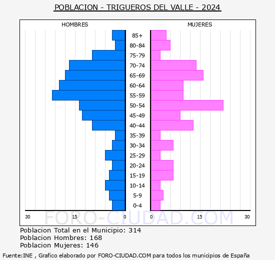 Trigueros del Valle - Pirmide de poblacin grupos quinquenales - Censo 2024