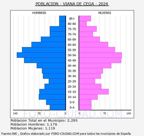 Viana de Cega - Pir�mide de poblaci�n grupos quinquenales - Censo 2024
