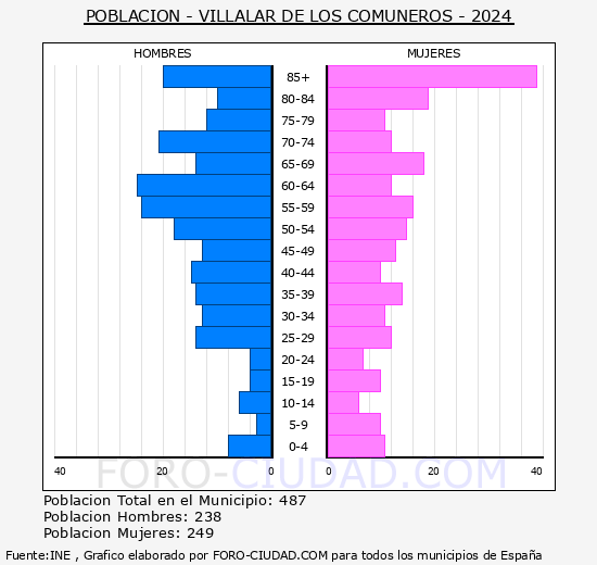 Villalar de los Comuneros - Pirmide de poblacin grupos quinquenales - Censo 2024