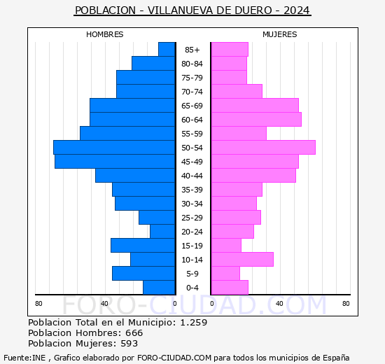 Villanueva de Duero - Pir�mide de poblaci�n grupos quinquenales - Censo 2024