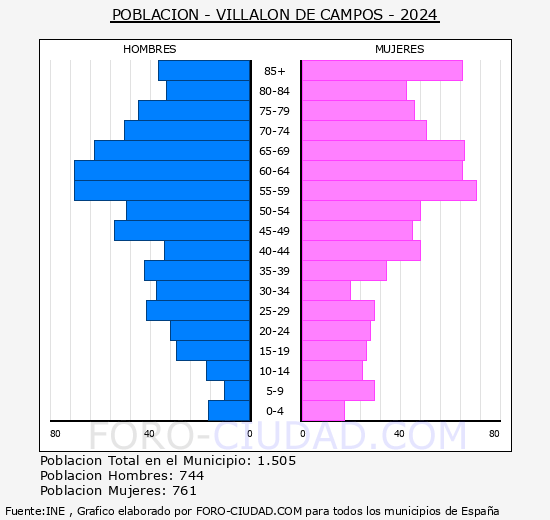 Villaln de Campos - Pirmide de poblacin grupos quinquenales - Censo 2024