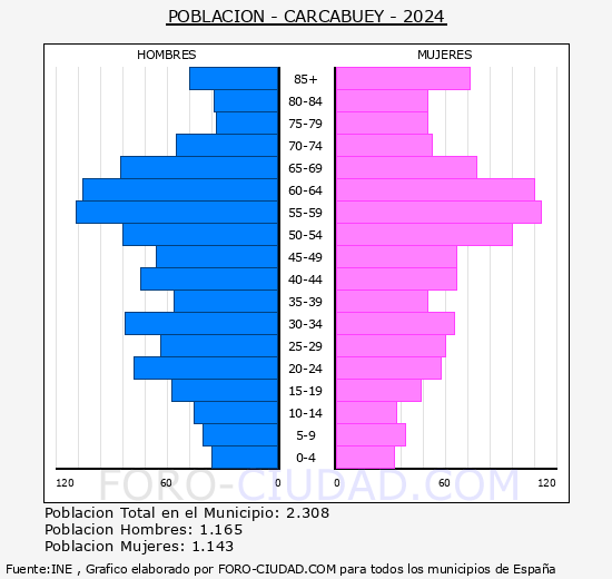 Carcabuey - Pir�mide de poblaci�n grupos quinquenales - Censo 2024