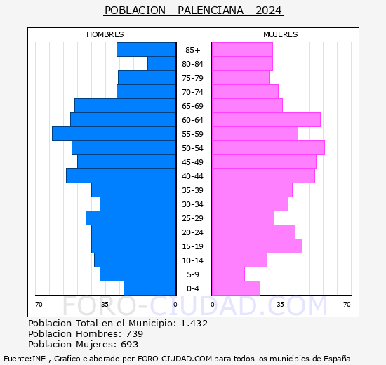 Palenciana - Pirmide de poblacin grupos quinquenales - Censo 2024