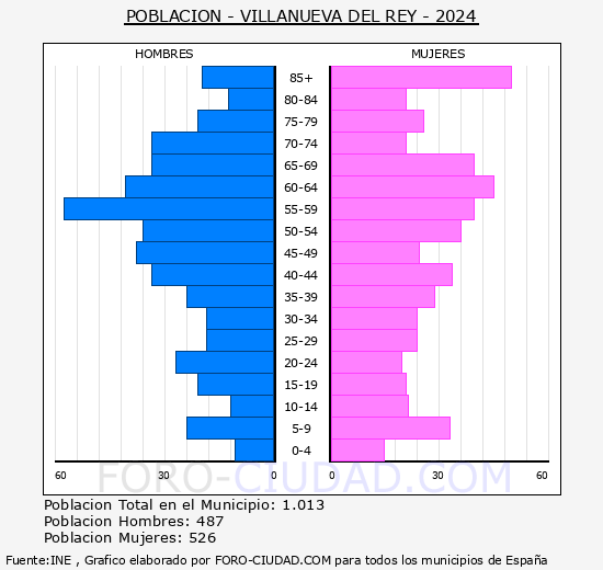 Villanueva del Rey - Pir�mide de poblaci�n grupos quinquenales - Censo 2024