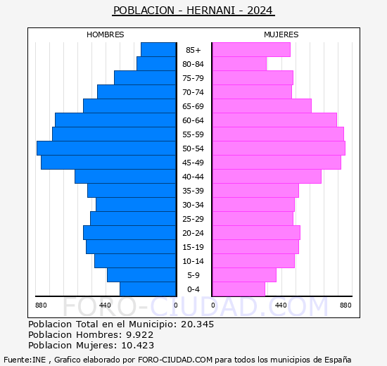 Hernani - Pirmide de poblacin grupos quinquenales - Censo 2024
