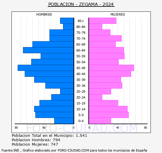 Zegama - Pirmide de poblacin grupos quinquenales - Censo 2024