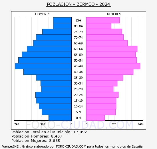 Bermeo - Pirmide de poblacin grupos quinquenales - Censo 2024