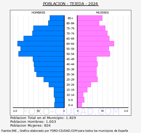 Tejeda - Pirmide de poblacin grupos quinquenales - Censo 2024