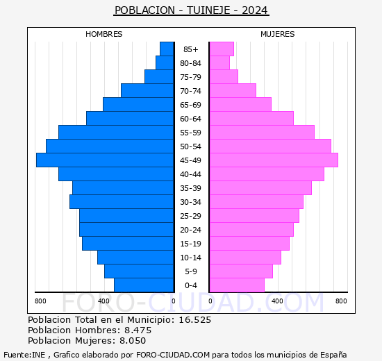 Tuineje - Pirmide de poblacin grupos quinquenales - Censo 2024