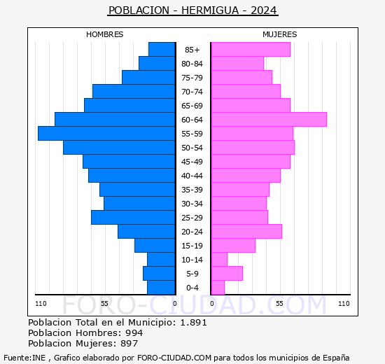 Hermigua - Pirmide de poblacin grupos quinquenales - Censo 2024