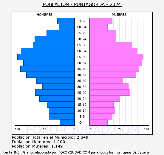 Puntagorda - Pir�mide de poblaci�n grupos quinquenales - Censo 2024