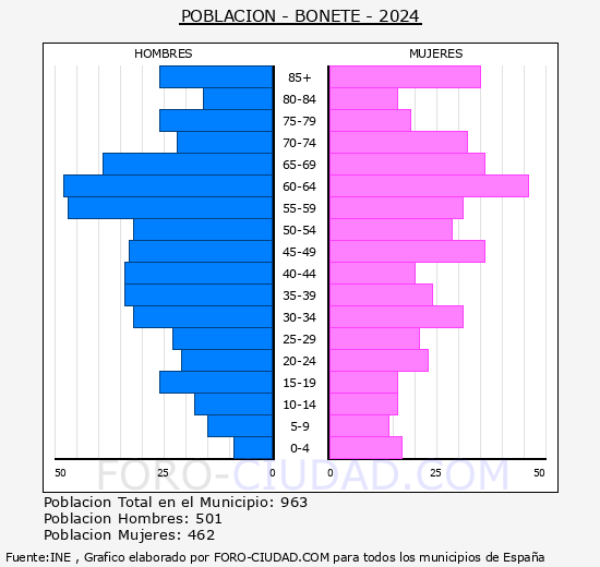 Bonete - Pirmide de poblacin grupos quinquenales - Censo 2024