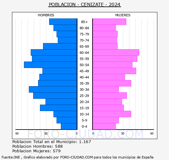 Cenizate - Pirmide de poblacin grupos quinquenales - Censo 2024