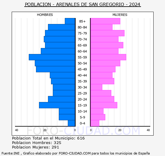 Arenales de San Gregorio - Pirmide de poblacin grupos quinquenales - Censo 2024