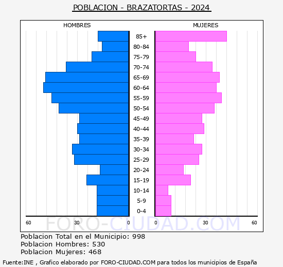 Brazatortas - Pirmide de poblacin grupos quinquenales - Censo 2024