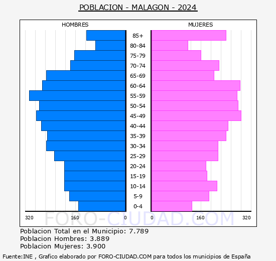 Malagn - Pirmide de poblacin grupos quinquenales - Censo 2024