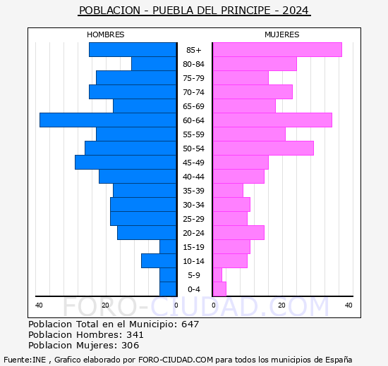 Puebla del Prncipe - Pirmide de poblacin grupos quinquenales - Censo 2024