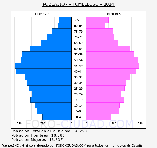 Tomelloso - Pir�mide de poblaci�n grupos quinquenales - Censo 2024