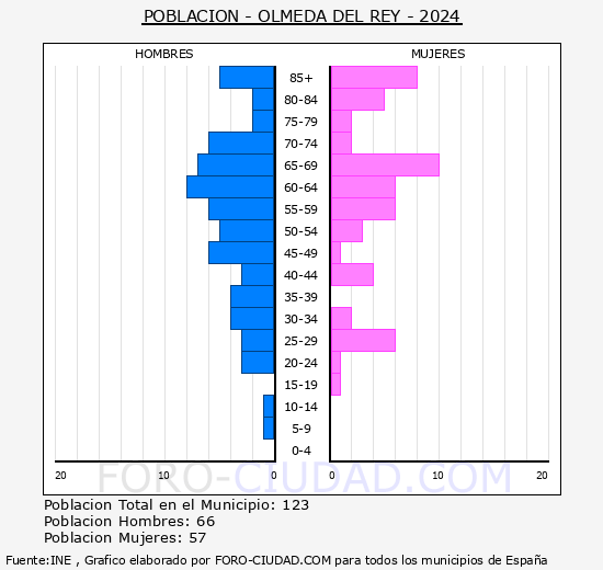 Olmeda del Rey - Pirmide de poblacin grupos quinquenales - Censo 2024