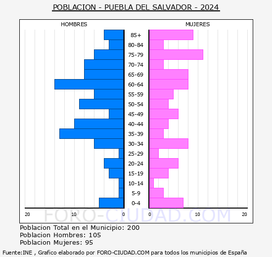 Puebla del Salvador - Pirmide de poblacin grupos quinquenales - Censo 2024