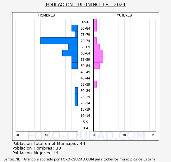 Berninches - Pirmide de poblacin grupos quinquenales - Censo 2024