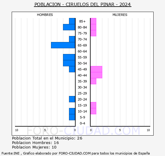 Ciruelos del Pinar - Pir�mide de poblaci�n grupos quinquenales - Censo 2024