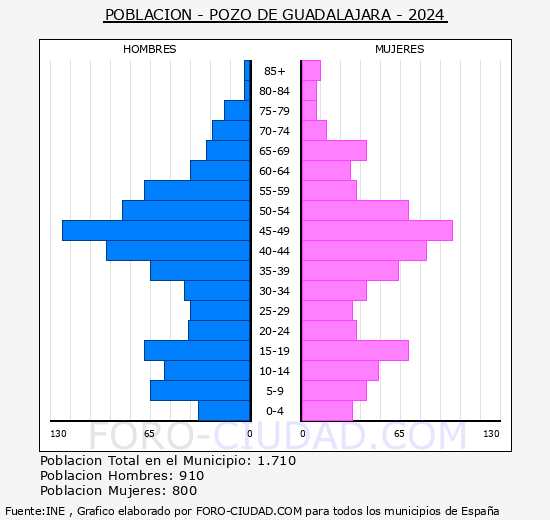 Pozo de Guadalajara - Pirmide de poblacin grupos quinquenales - Censo 2024
