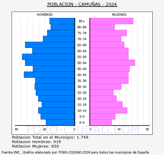Camu�as - Pir�mide de poblaci�n grupos quinquenales - Censo 2024