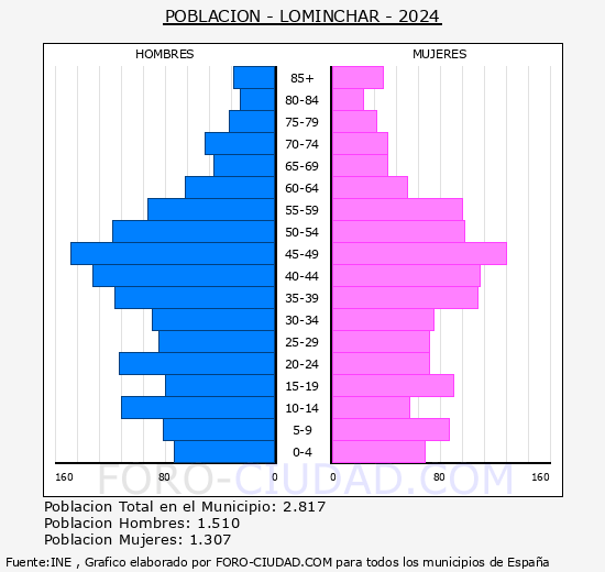 Lominchar - Pirmide de poblacin grupos quinquenales - Censo 2024