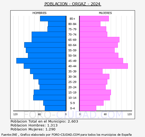 Orgaz - Pirmide de poblacin grupos quinquenales - Censo 2024
