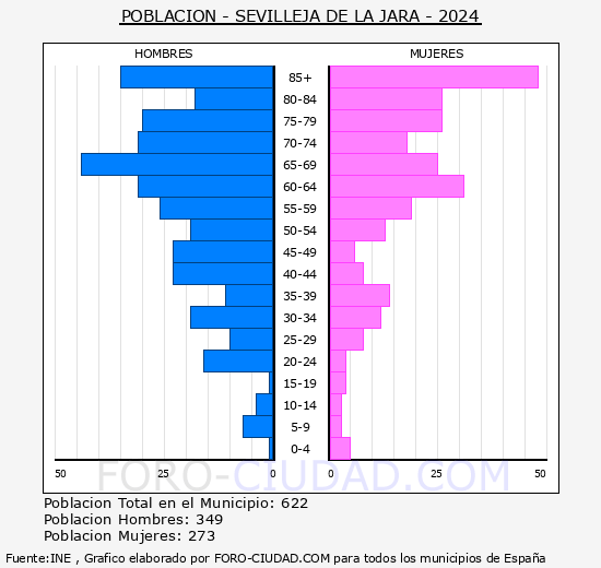 Sevilleja de la Jara - Pirmide de poblacin grupos quinquenales - Censo 2024
