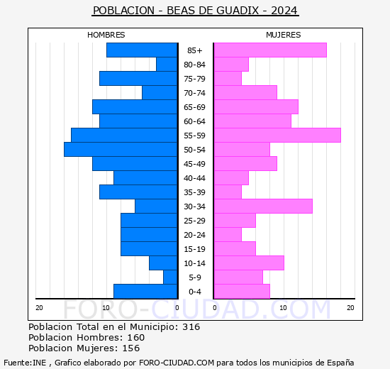 Beas de Guadix - Pirmide de poblacin grupos quinquenales - Censo 2024