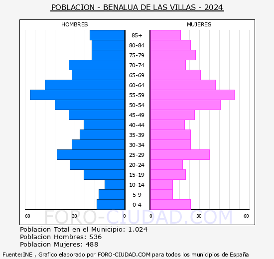 Benala de las Villas - Pirmide de poblacin grupos quinquenales - Censo 2024