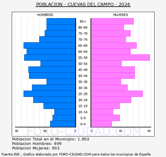Cuevas del Campo - Pirmide de poblacin grupos quinquenales - Censo 2024