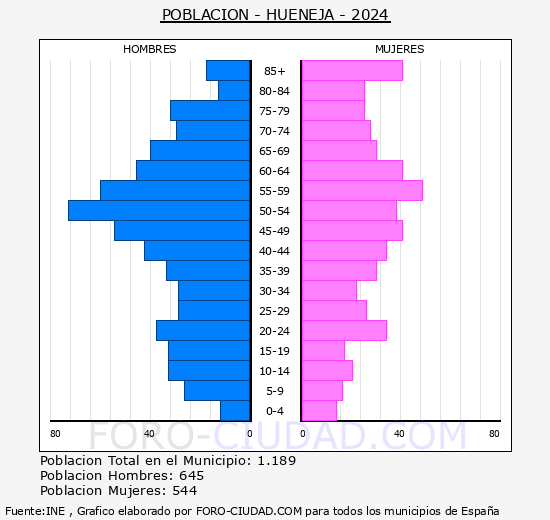 Hu�neja - Pir�mide de poblaci�n grupos quinquenales - Censo 2024