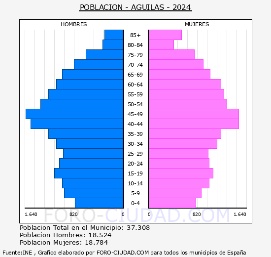 guilas - Pirmide de poblacin grupos quinquenales - Censo 2024