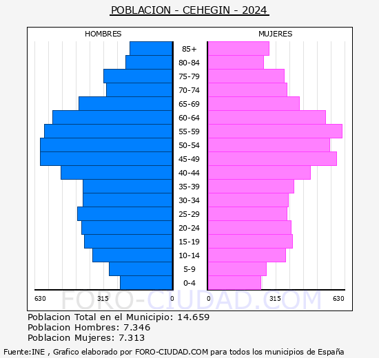 Cehegn - Pirmide de poblacin grupos quinquenales - Censo 2024